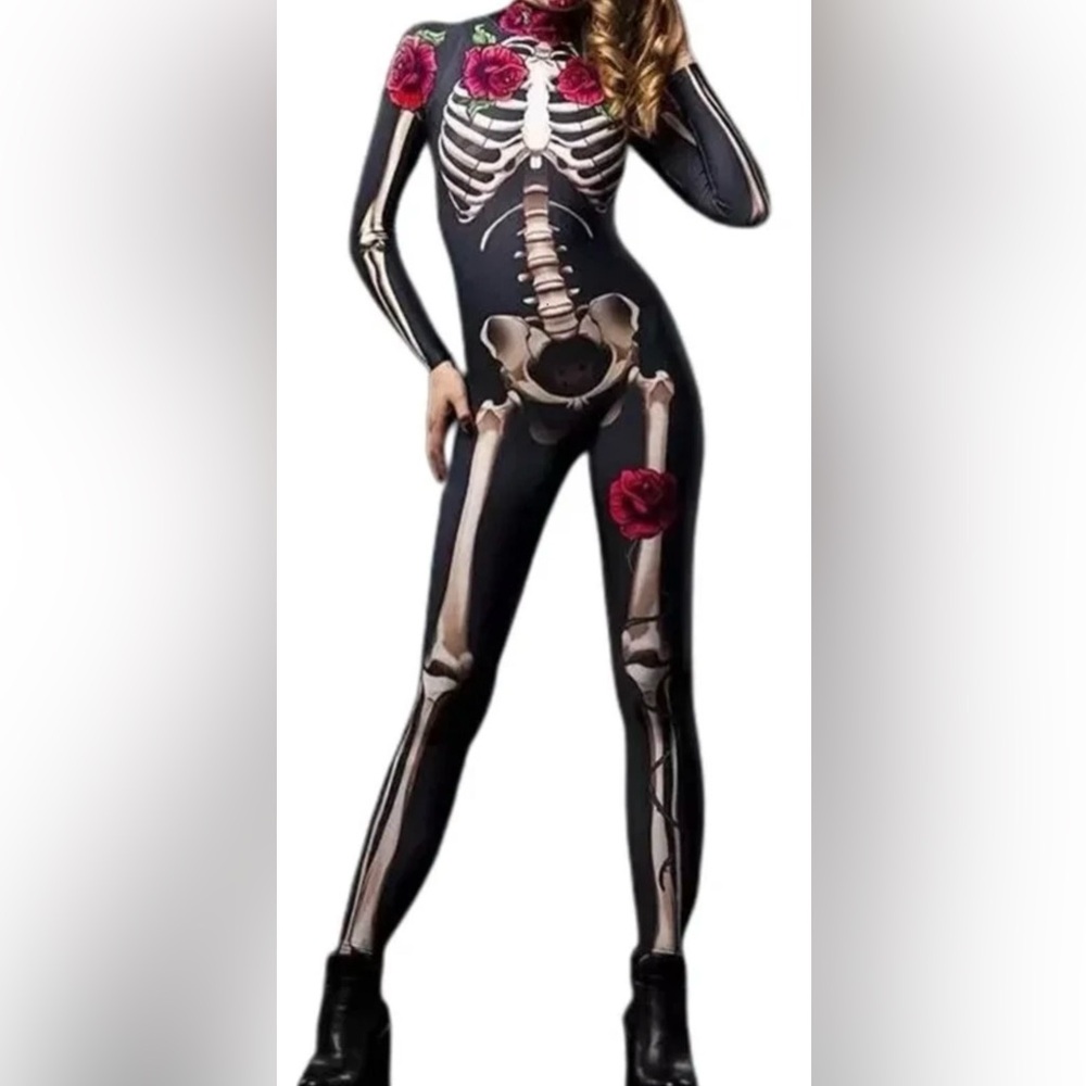 Skeleton Print Jumpsuit with Red Rose Accent